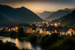 photo wallpaper the sky, mountains, river, houses, the village, the river, the village. AI-Generated