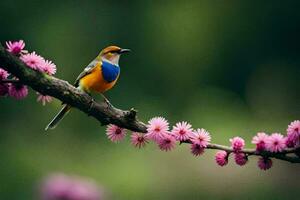 a bird sitting on a branch with pink flowers. AI-Generated photo