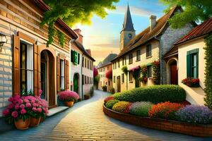 a painting of a street with flowers and houses. AI-Generated photo