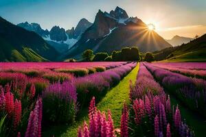 the sun shines over a field of lavender flowers. AI-Generated photo