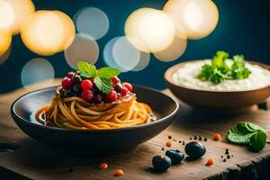 spaghetti with berries and cream on a wooden table. AI-Generated photo