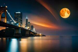 el Luna es brillante brillantemente terminado un puente y ciudad. generado por ai foto