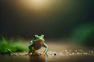 a frog sitting on the ground in front of a green background. AI-Generated photo