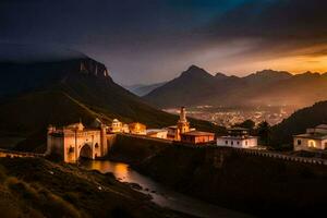 el Dom conjuntos terminado un pueblo en el montañas. generado por ai foto