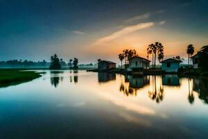 a beautiful sunrise over a lake with houses and palm trees. AI-Generated photo