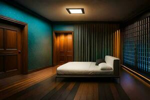 a bedroom with wooden floors and a bed. AI-Generated photo