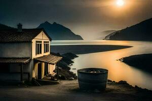 a house sits on the shore of a lake at sunset. AI-Generated photo