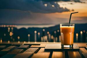 un vaso de naranja jugo en un de madera mesa. generado por ai foto