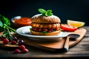 a hamburger with tomatoes and herbs on a wooden table. AI-Generated photo