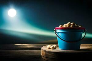 a bucket of peanuts on a wooden table with a bright light. AI-Generated photo