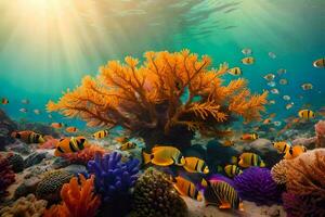 un coral arrecife con muchos vistoso pescado y anémonas generado por ai foto