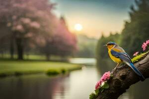 photo wallpaper the sky, bird, flowers, water, tree, spring, the sun, bird. AI-Generated