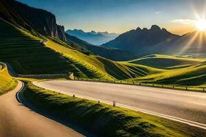 the sun rises over a winding road in the mountains. AI-Generated photo