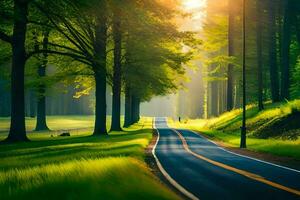 un la carretera en el medio de un bosque con arboles generado por ai foto