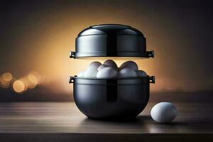 eggs in a black container on a table. AI-Generated photo