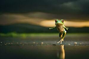 a frog jumping into the air on a wet surface. AI-Generated photo