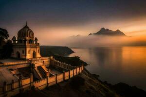 the sunset over the lake and a temple. AI-Generated photo