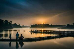 people stand on a dock at sunrise in a lake. AI-Generated photo