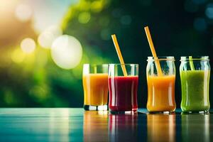 four glasses of juice with straws. AI-Generated photo