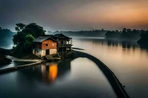 a house sits on the edge of a river at sunrise. AI-Generated photo