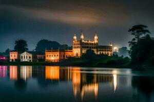 a large castle sits on the shore of a lake at night. AI-Generated photo