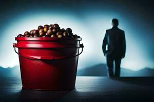 a man in a suit standing in front of a bucket filled with nuts. AI-Generated photo