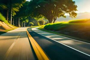 a blurry image of a road with trees and grass. AI-Generated photo