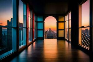 a hallway with a view of the city at sunset. AI-Generated photo