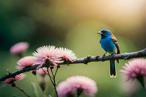 un azul pájaro se sienta en un rama con rosado flores generado por ai foto