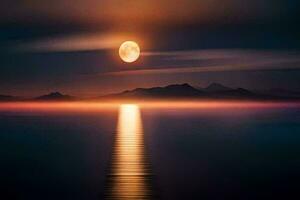 a full moon rising over the ocean and mountains. AI-Generated photo