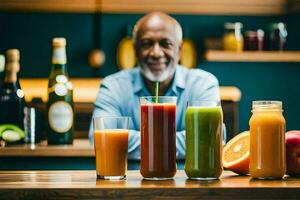 a man sitting at a bar with several different juices. AI-Generated photo