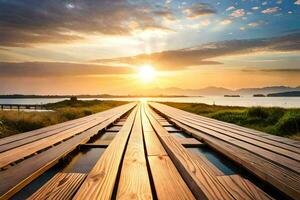 a wooden bridge over the water at sunset. AI-Generated photo