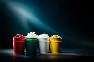 four colorful cups with different types of food. AI-Generated photo