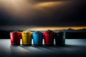 five colorful buckets with different types of food. AI-Generated photo