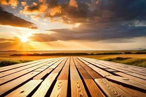 a wooden boardwalk leads to the sunset. AI-Generated photo