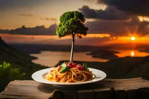 un árbol creciente fuera de un plato de pasta. generado por ai foto