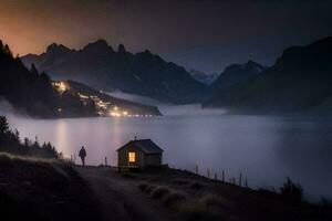 a man stands at the edge of a lake at night. AI-Generated photo