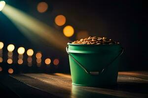 a bucket of nuts on a table in front of a spotlight. AI-Generated photo