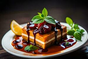 a dessert with berries and syrup on a plate. AI-Generated photo