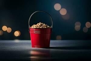 a red bucket filled with peanuts on a dark table. AI-Generated photo