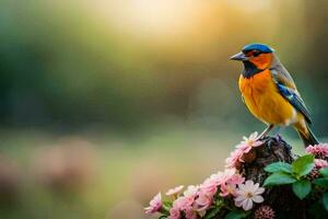 a colorful bird is perched on a branch in front of pink flowers. AI-Generated photo