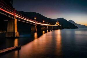 a bridge over the water at night with lights on. AI-Generated photo