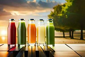 five bottles of juice on a table in front of the ocean. AI-Generated photo