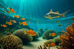 photo wallpaper fish, coral, the ocean, the sun, rays, rays of light, rays. AI-Generated