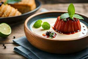 a bowl of soup with strawberries and mint leaves. AI-Generated photo