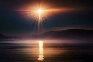 the sun shines over a lake and a mountain. AI-Generated photo