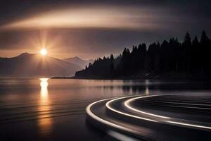 a long exposure photograph of a car driving on a road in front of a lake. AI-Generated photo