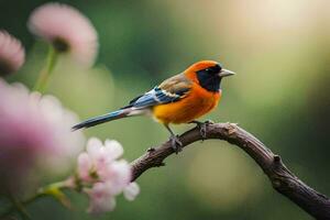 a colorful bird sits on a branch with pink flowers. AI-Generated photo