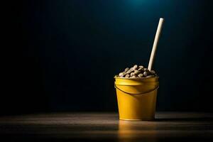 a bucket filled with dog food on a dark table. AI-Generated photo