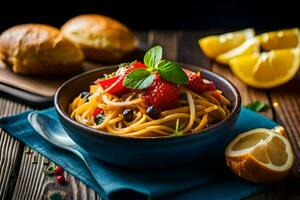 a bowl of pasta with tomatoes, basil and fresh strawberries. AI-Generated photo